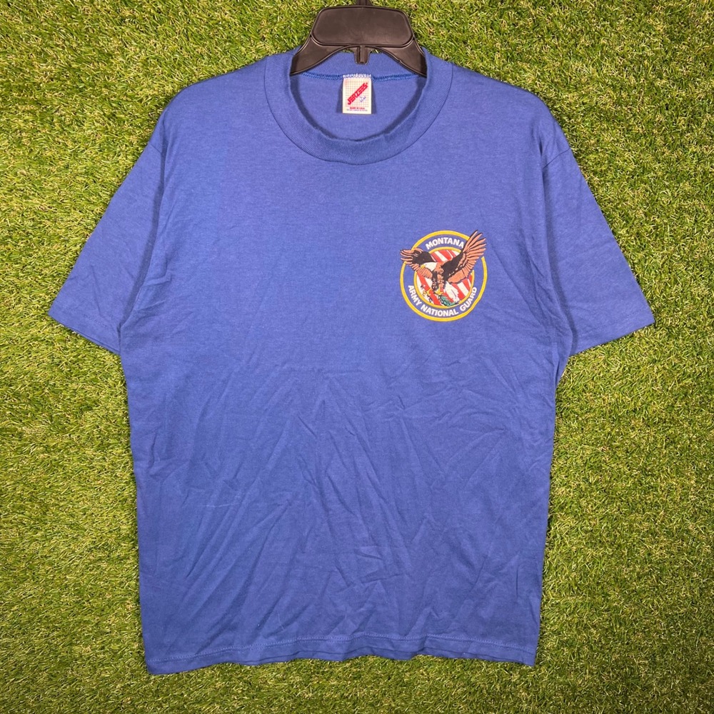 Vintage Jerzees Montana Army National Guard T-Shirt Blue Mens L Single Stitch